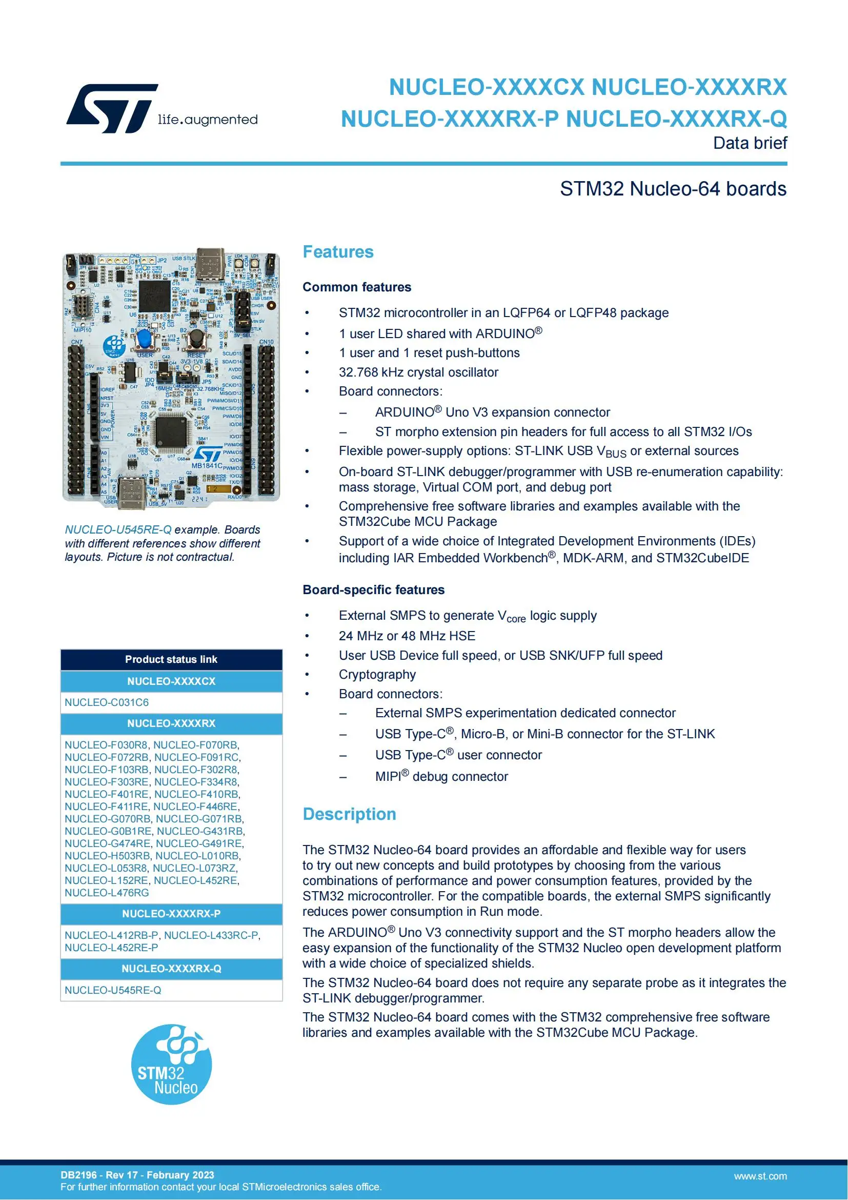 NUCLEO-L476RG STM32 Nucleo-64-Entwicklungsboard mit STM32L476RG MCU, unterstützt Arduino- und ST-Morpho-Konnektivität – Detail 1