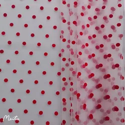 45cm Long 10mm Red Flocking Dot White Tulle Mesh Guipure Lace Fabric Wedding Dress Decoration Net Fabric Sewing Material Supply