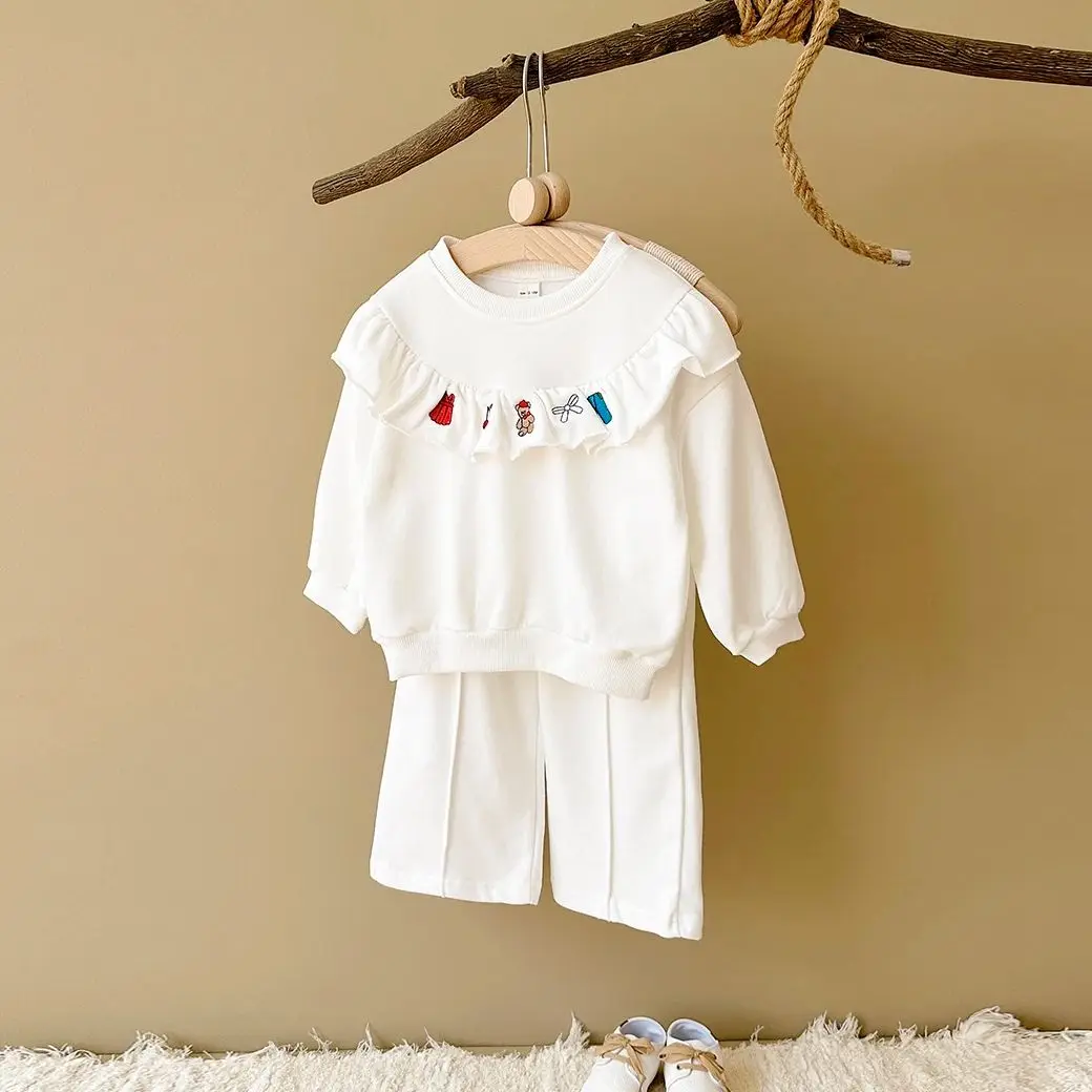 INS Newborn Baby Girl Clothing Set Ruffle Edge Cartoon Embroidery Cotton Novel Doll Collar Casual Spring Long Sleeves+Pants 2PCS