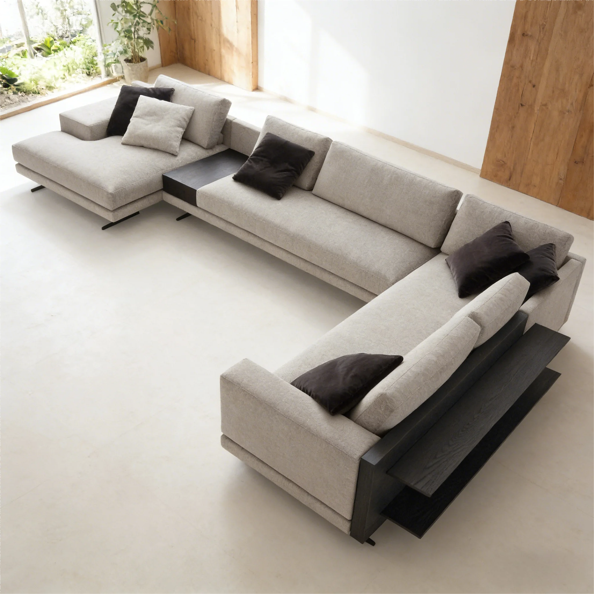 Light Beige Fabric L-shaped Modular Three Seat Sofa High-Density Sponge Black Wooden Side Table Modern High-end Living Room