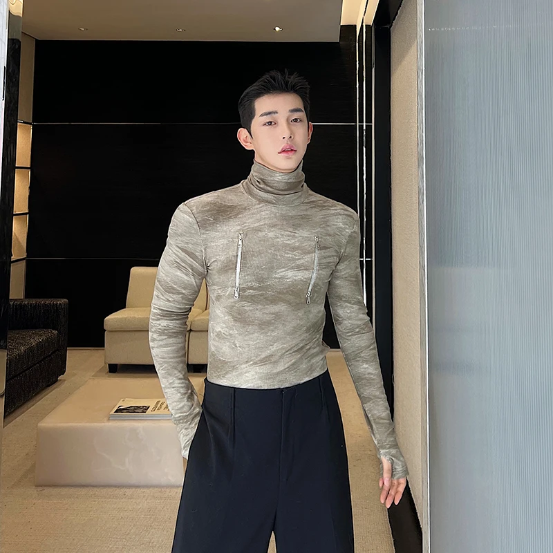 

Autumn Winter High Collar Long Sve T-irt Men's Korean Design Sensation adient Dyeing Unique Sle Slim Fit Base irt