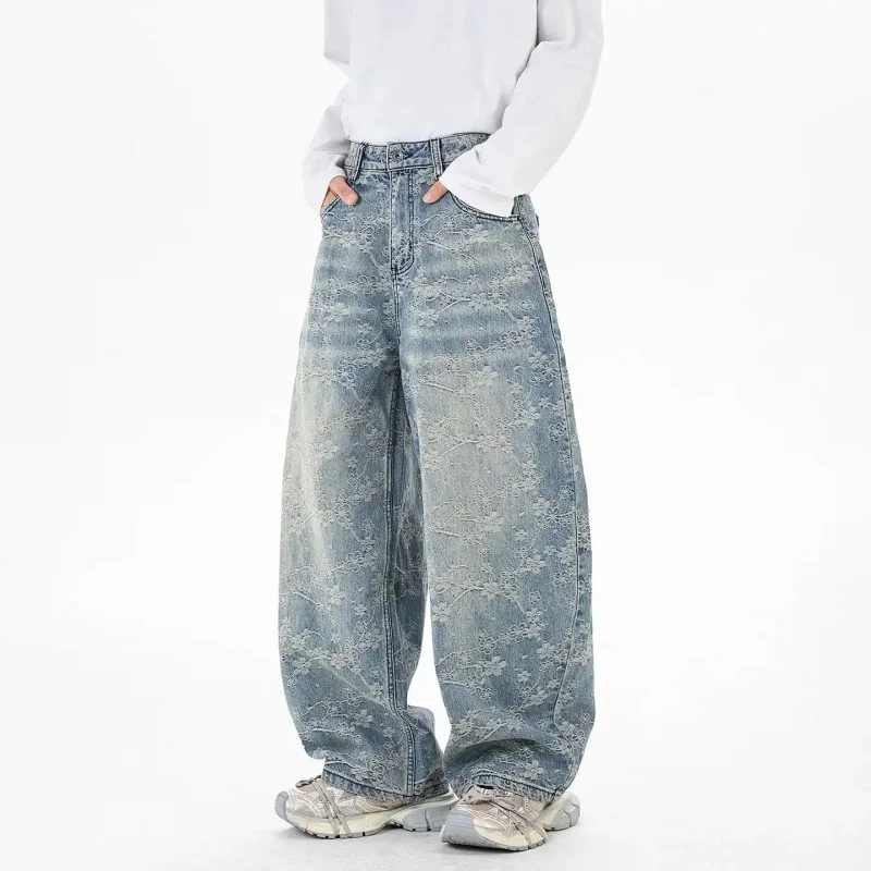 2026 Summer Floral Pattern Jacquard Denim Jeans Men's American Fashion Y2K Trend Vintage Loose Wide Leg Curved Pants Streetwear