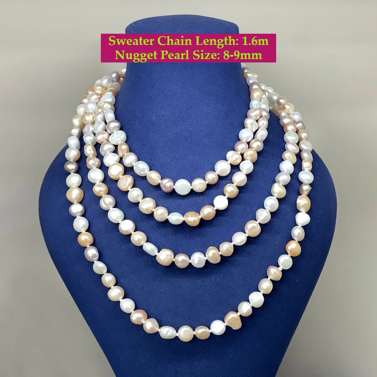 Women Sweater Chain Natural Freshwater Nugget Pearl Chain For Christmas Holidays Gifts Length 1.6m