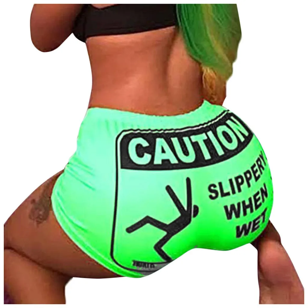 Caution Letters Print Women Yoga Shorts Push Up Butt Lift Mini Hot Short Pants Booty Shorts Gym Clothes Athletic Running Sports