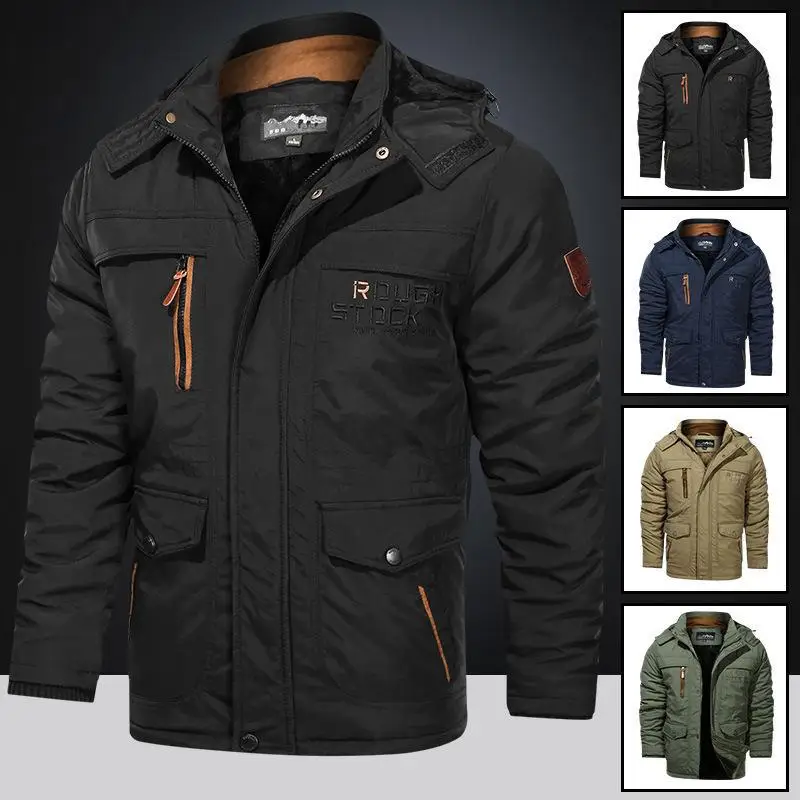 Winter Men\'s Casual Cotton Jacket Thick Multi Pocket Assault Jacket for Middle-aged Young People Windproof Plush Cotton Jacket