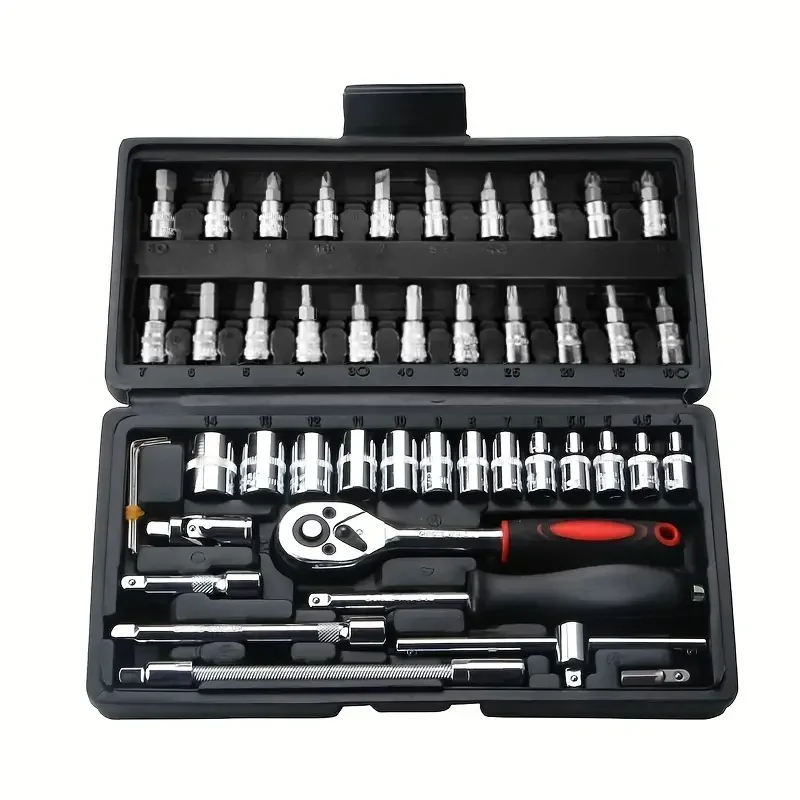 Hi you: 46 piece car repair tool kit: ratchet torque wrench, wrench, screwdriver, socket set combination - perfect for bicycle a image 2