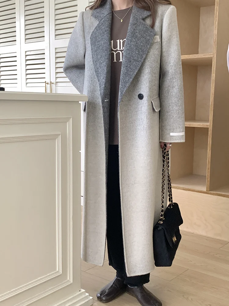 2023 Gradient Grey Double Sided Fleece Coat for Women's Suit Style High End Korean Mid Length Woolen Coat