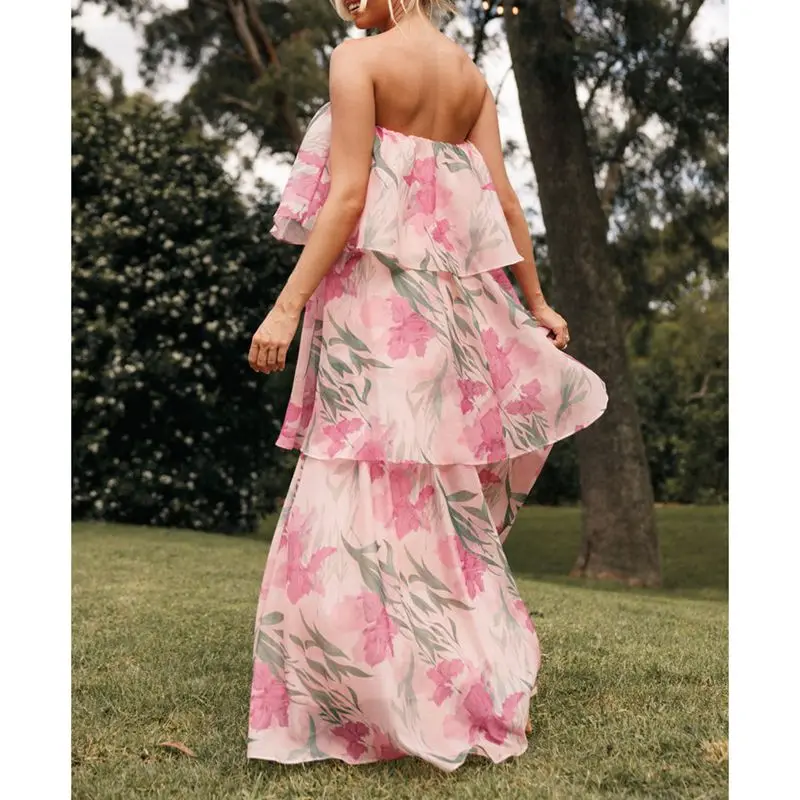 Combhasaki feminino verão boho floral impressão sem alças plissado em camadas sem costas solto a linha bolo tubo vestido longo streetwear