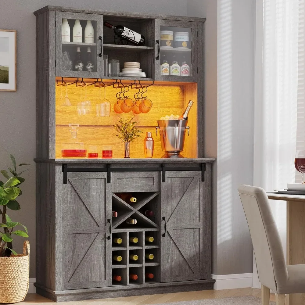 Farmhouse Coffee Bar Cabinet with Storage, Kitchen Bar Cabinet with Sliding Barn Door, Led Lights,Power Strip Coffee Bar Cabinet