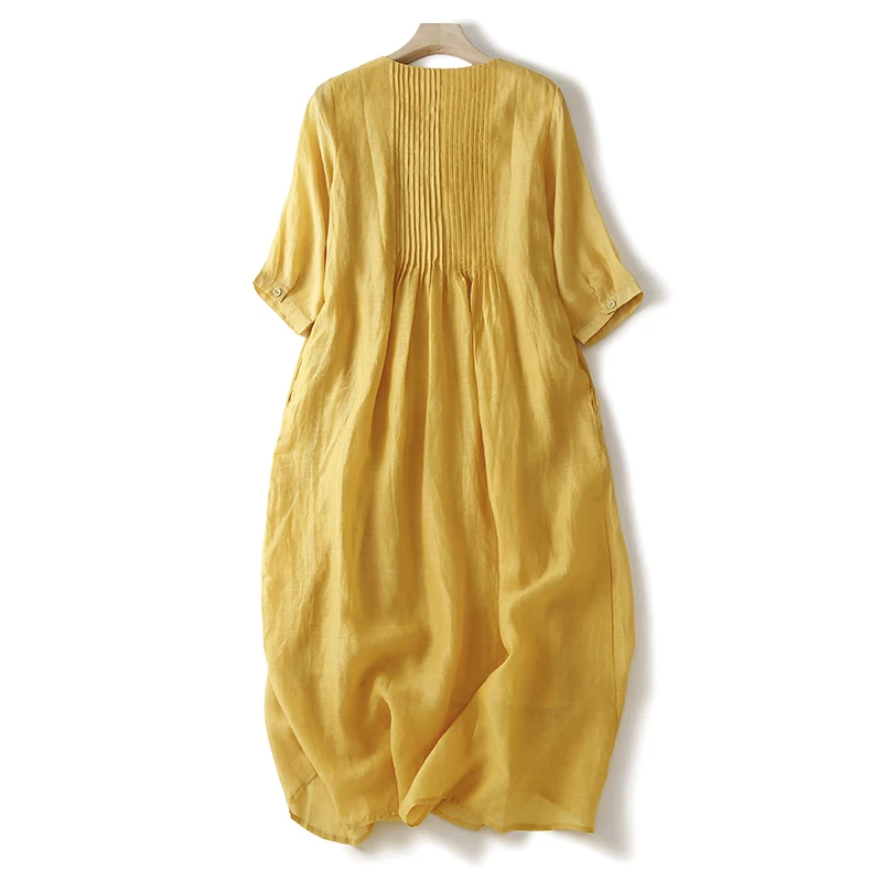 Yellow Skirt Versatile Summer New Sle Artistic Retro Heavy Eming Cotton Linen Loose Midi Dr A-Line Silhouette Long S...