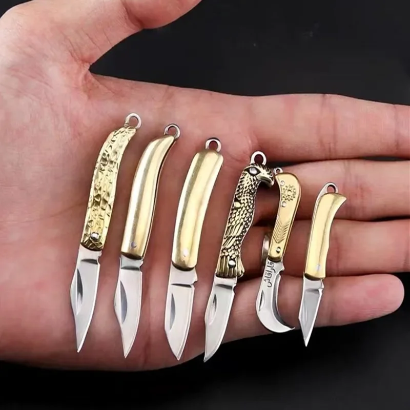 EDC Brass Mini Folding Knife Sharp Unpacking Express Knife Gift Self-Defense Keychain Pendant Cutting Tool Unpacking Knife