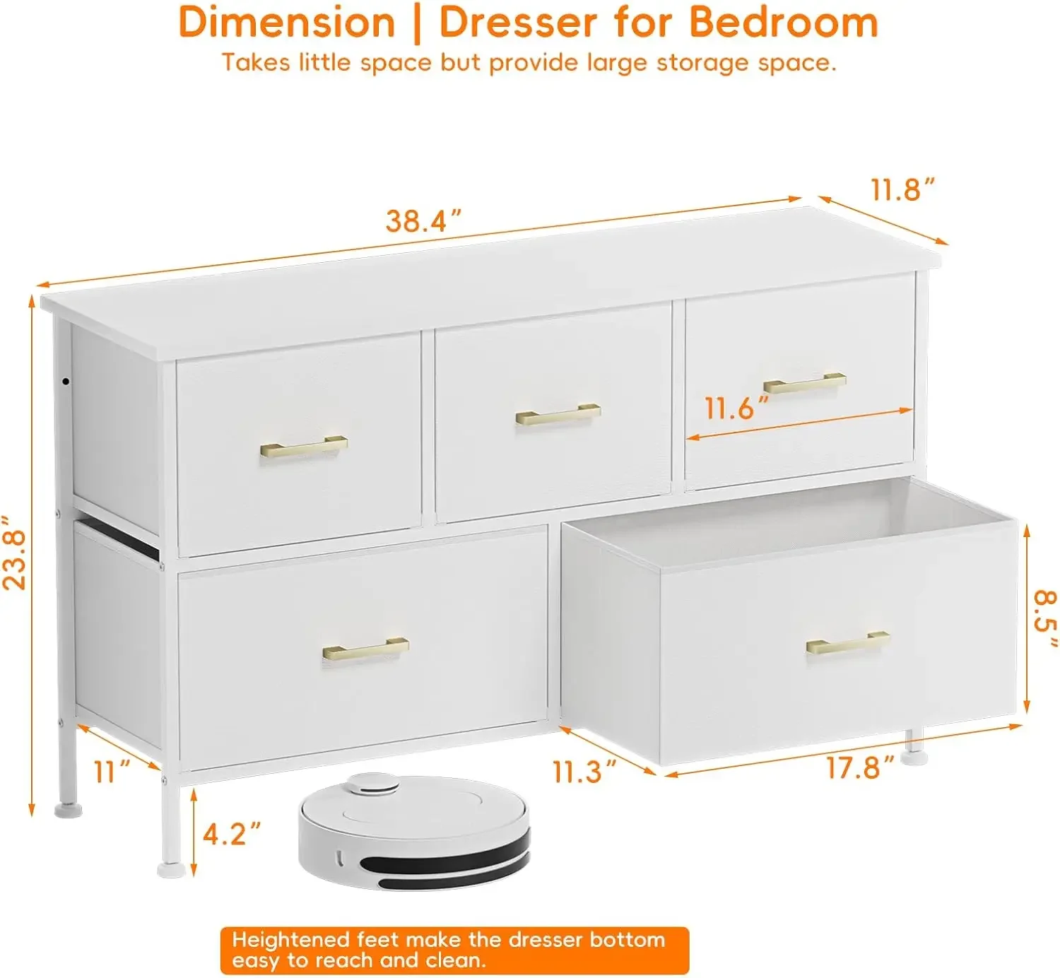 Bedroom 5 Drawer Dresser, White Dresser with Fabric Drawer, Drawer Cabinet PU Finish, Metal Handle, Closet Kids Room, White