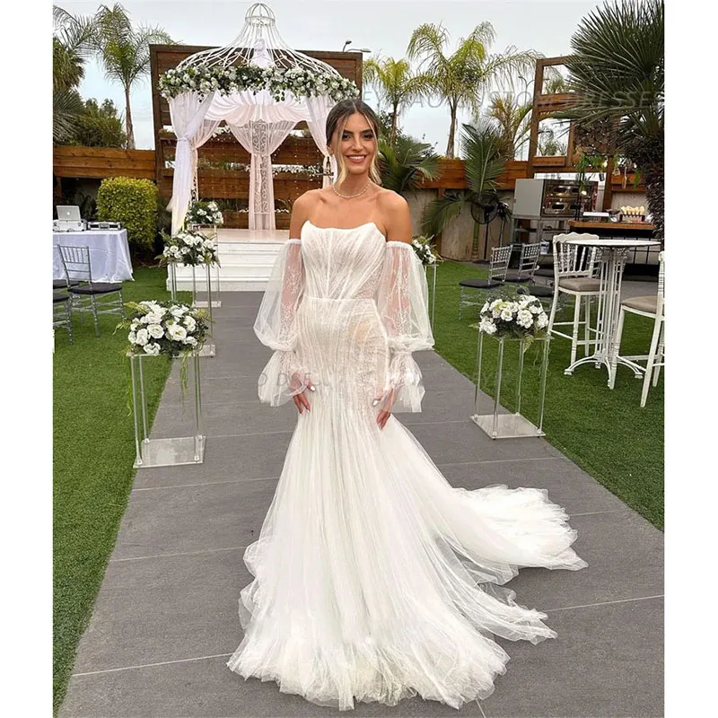 Eleganti abiti da sposa 2024 senza spalline con spalle scoperte Vestido De Novia pizzo Tulle Appliques abiti da sposa su misura