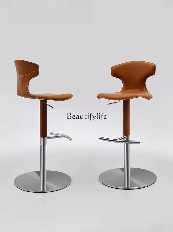 05-Modern simple and light luxury saddle leather bar chair can be lifted and adjusted rotating high stool