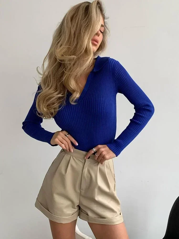 Women\'s Jumper Long Sleeve Top Knit Pullovers Polo Neck Spring Summer Solid White Blue Orange Slim Fashion Women Sweaters 2024