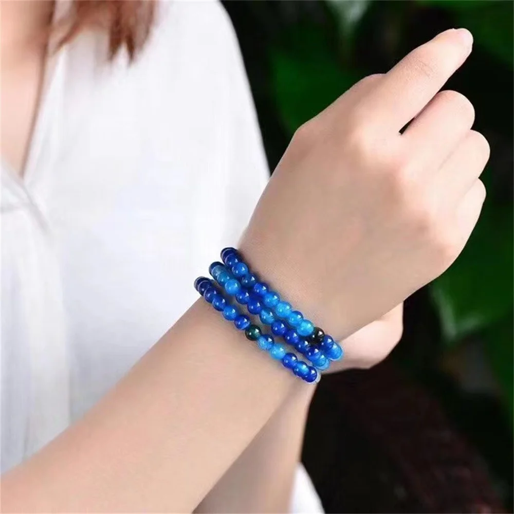 

Natural Stone 3-row Blue Striped Agate Beads Bracelet for Women in Charm Bracelets Energy Jewelry Onyx Beading 6mm Gift Party