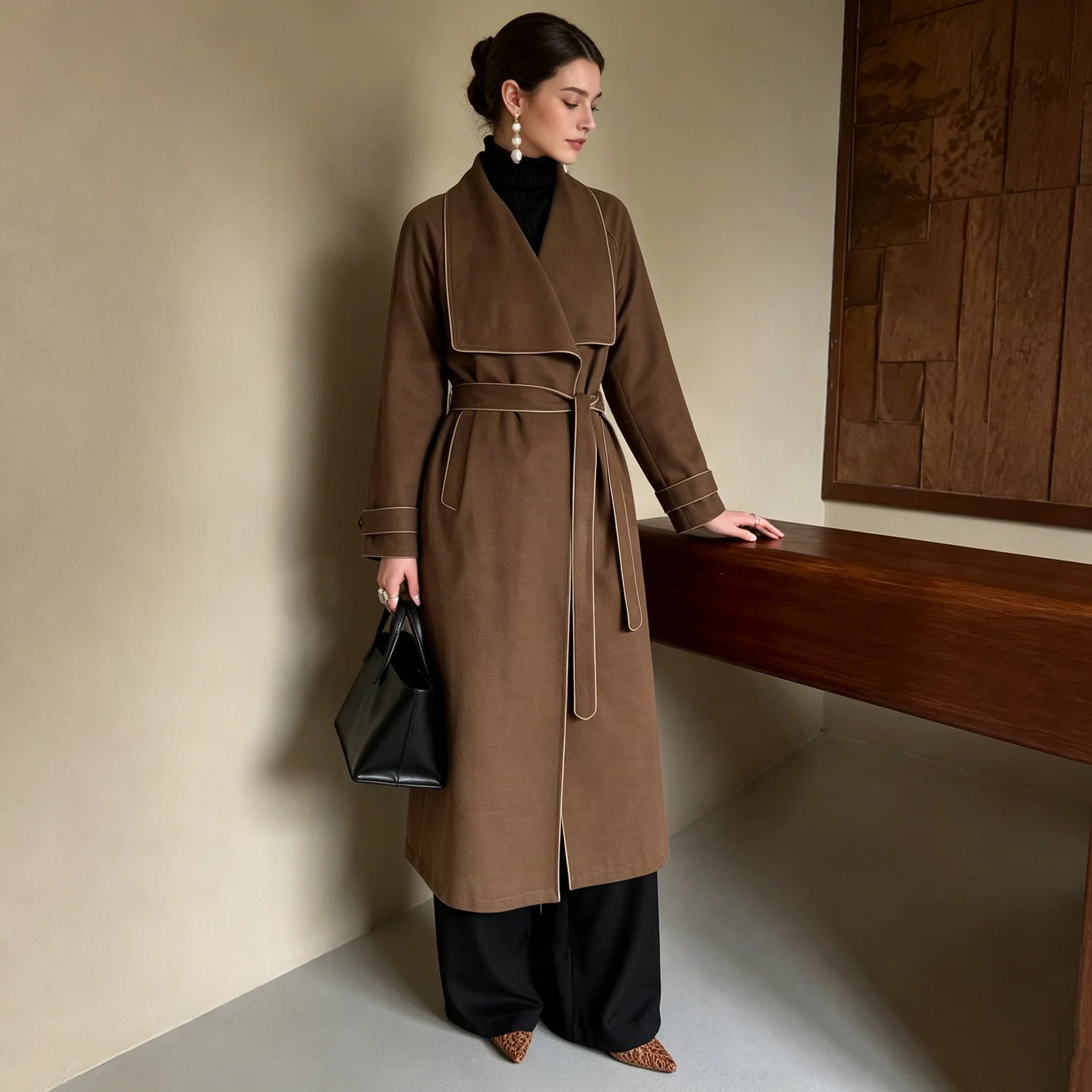 RU Fashion Ladies Big Shawl Collar Contrast Piping Wrap Trench Coat Waist Tie Belt For Autumn Elegant Commuter Outfit