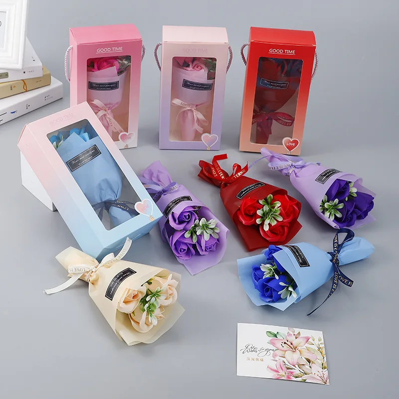 Ramos de rosas y jabón de 3 cabezas, flor de clavel con asa, caja de regalo, flores artificiales, cumpleaños, Día de la madre, regalo del Día de San Valentín