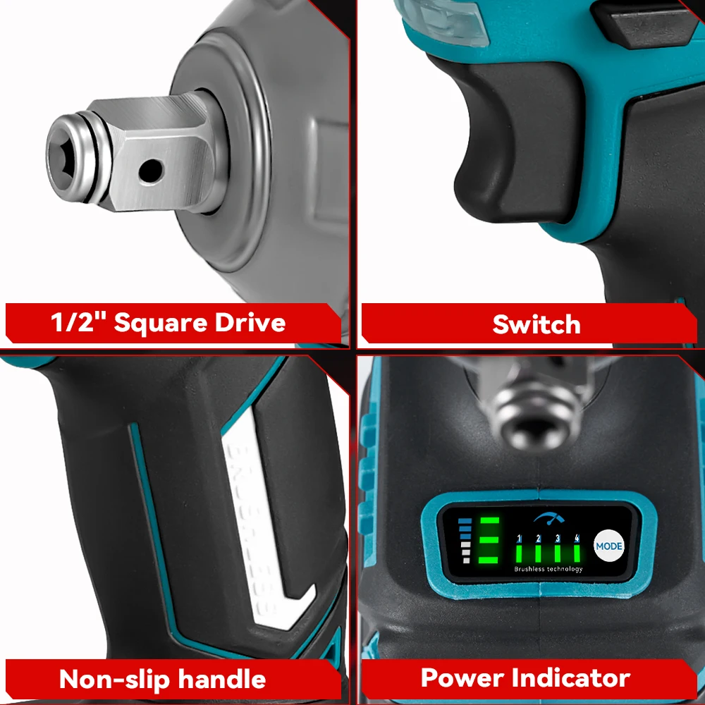 Brushless 1200N.M Electric Impact Wrench 1/2 inch Lithium-Ion Battery Cordless Screwdriver Power Tool For Makita 18V Battery