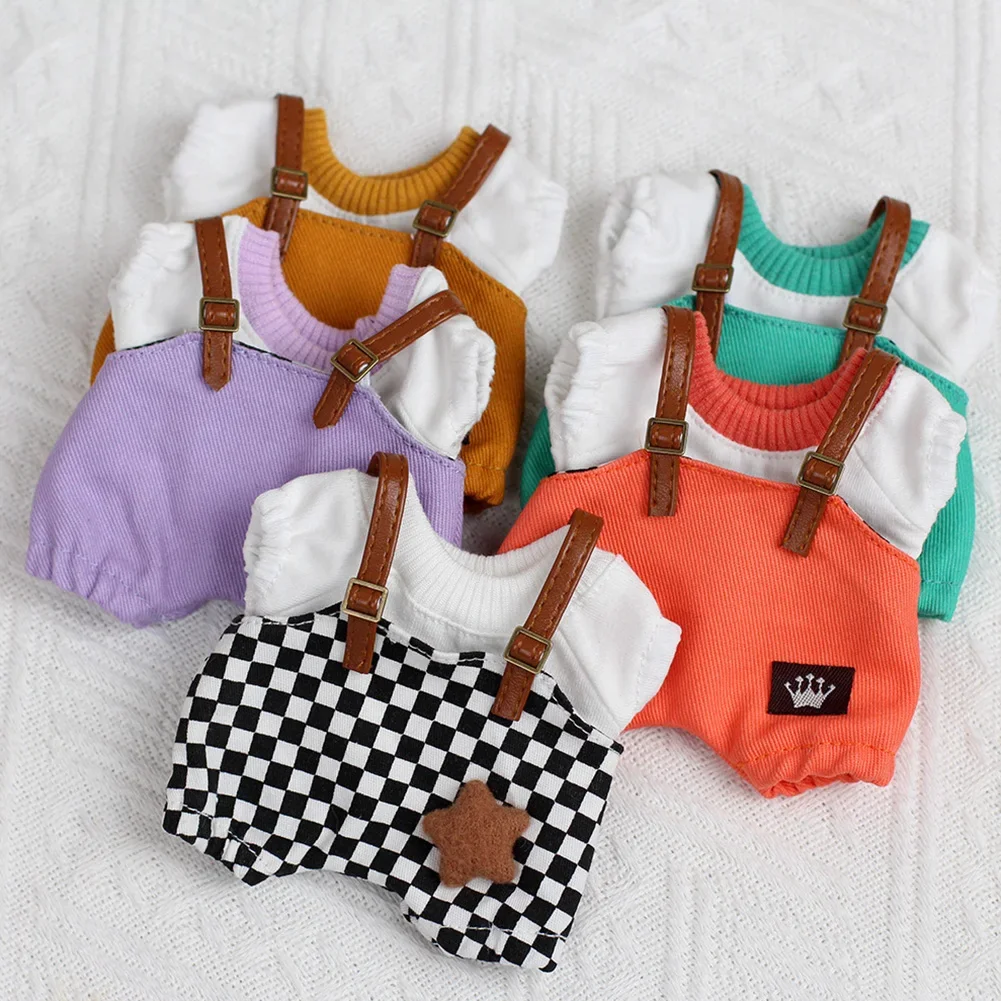 17cm Labubu Doll Clothing Fashion Hoodie Doll Accessories Dopamine Style Checkered Overalls T-shirt Set Ropa Labubu