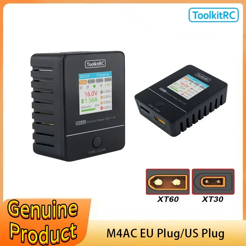 

ToolkitRC M4AC 30W LCD Screen Balance Charger 2S 3S 4S Lipo AC100-240v XT60 Interfaces 100-240V for RC Racing Drone Battery