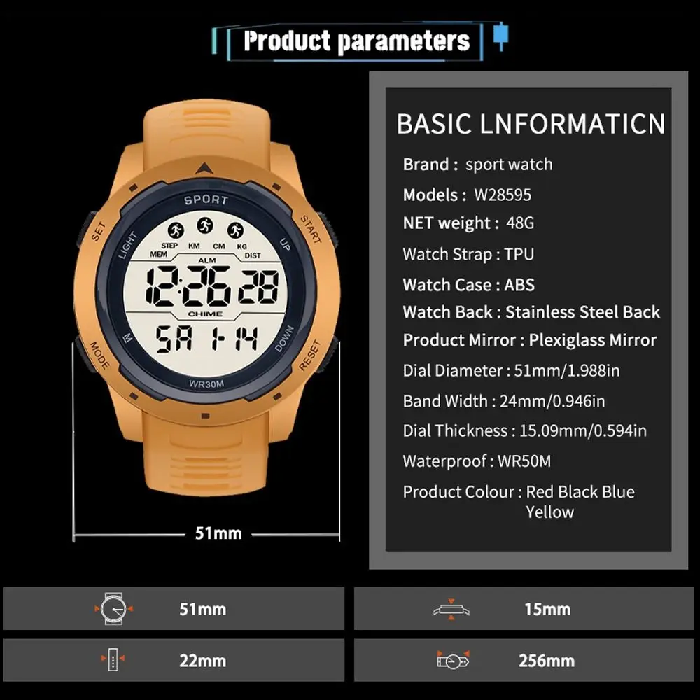 ساعة رياضية رقمية مقاومة للماء ، شاشة كبيرة ، توهج ليلي ، ساعة إلكترونية بسيطة ، ساعة خارجية غير رسمية ، جودة عالية