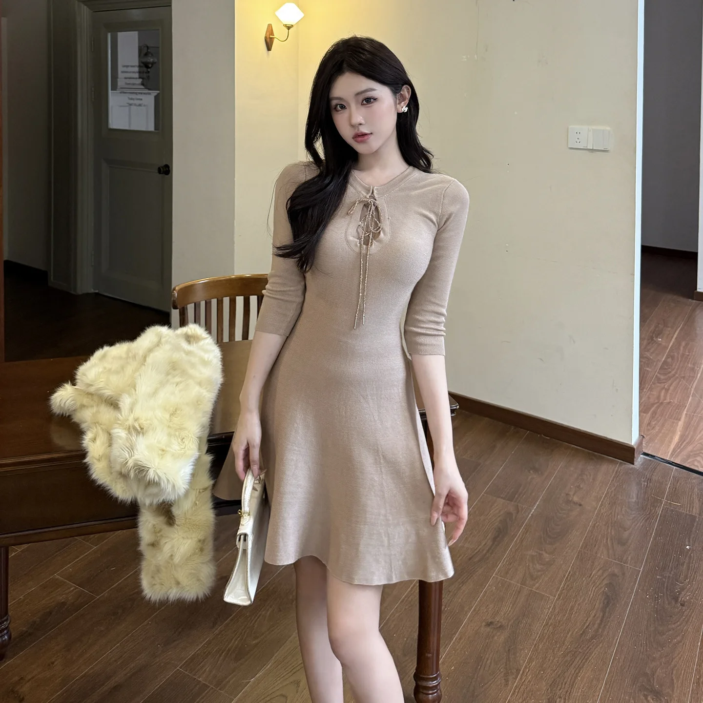 Nueva primavera otoño Sexy Y2K caqui de manga larga ceñido al cuerpo Mini vestido de mujer recortado vendaje arco apretado Club fiesta graduación vestidos de fondo