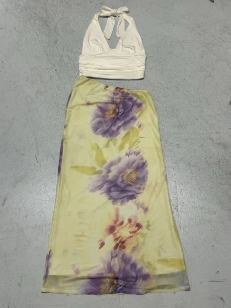 여름 플로럴 프린트 패치워크 홀터 맥시 드레스 섹시한 딥 V 프론트 슬리브리스 백리스 컷아웃 슬림 비치 휴가 드레스