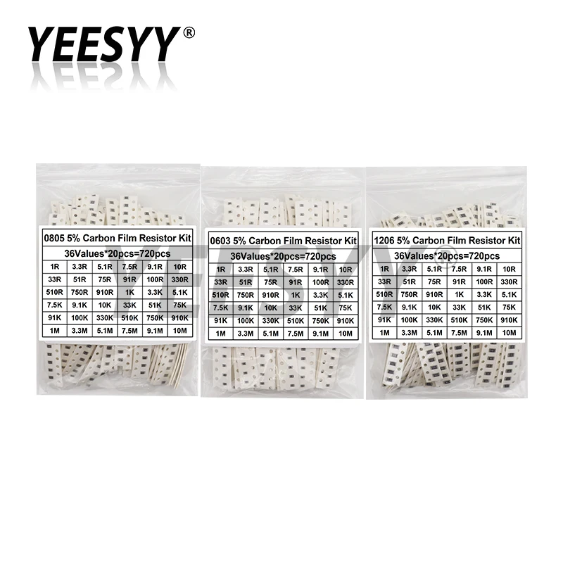 720pcs 5% 0603 0805 1206 SMD Chip Resistor Assorted Kit 1 ohm - 10M 36valuesX20pcs=720pcs Resistance Sample set