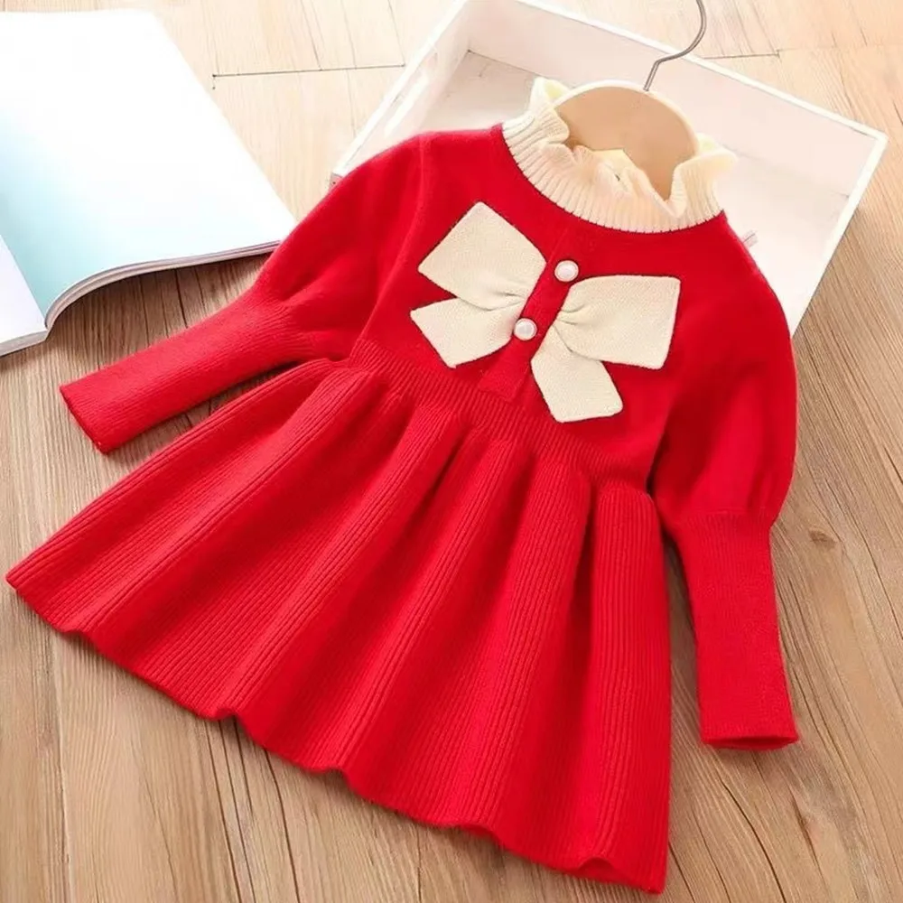 Children\'s Autumn Sweater Knitted Dress Baby Birthday New Year Elegant Full Sleeve Girls Dress 1-10 Years Kids Daily Casual Wear