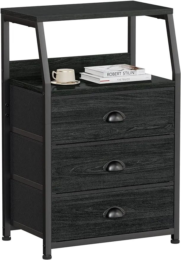  Black Dresser for Bedroom Small Nightstand with 3 Fabric Storage Drawers and 2-Tier Shelf End Table Side Furniture