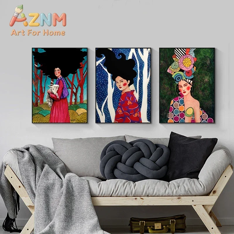 Portrait Watercolor Girl Mural Oil Painting Nordic Poster Canvas Mural Living Room Retro Frameless Children's Room Decoration