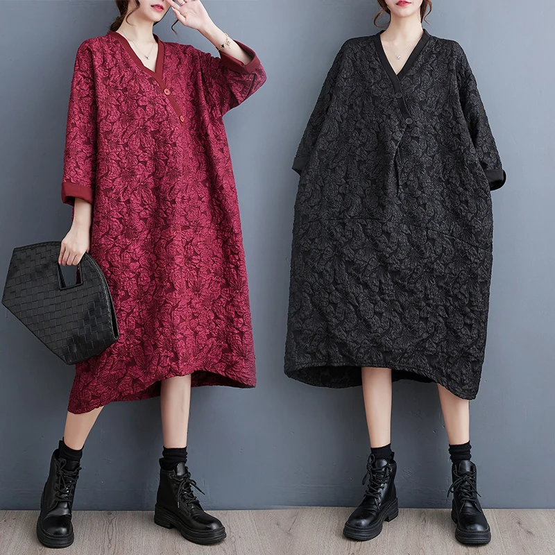 Ele V-Ne Color Blo Midi Dr Korean Sle Faion Trend Autumn Wear Large Size Crtsmanip Long Sve Dr