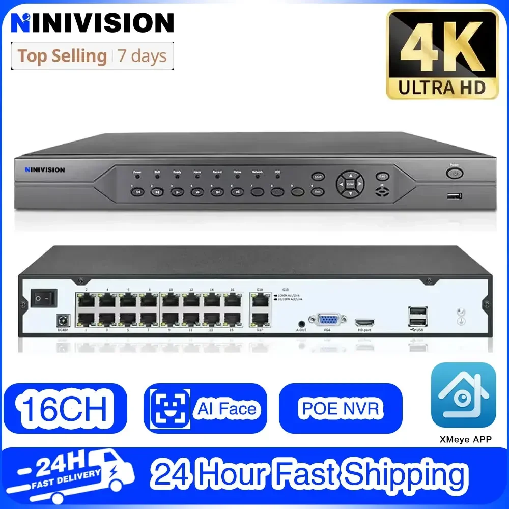 16CH/10CH/8CH/4CH 4K 8MP Face Detection H.265+ PoE NVR Video Recorder for Security CCTV System 24/7 Recording Network XMEYE APP