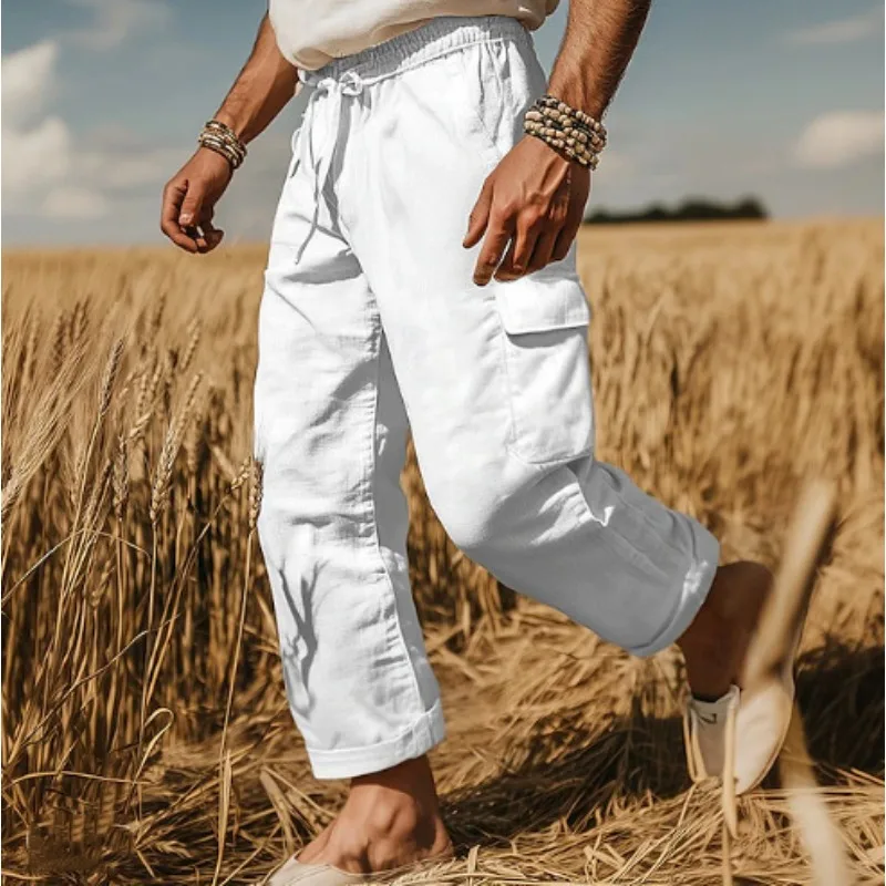 European Size Linen Trousers Drawstring Elastic Waist Straight Legs Solid Color Breathable Daily Casual Trousers