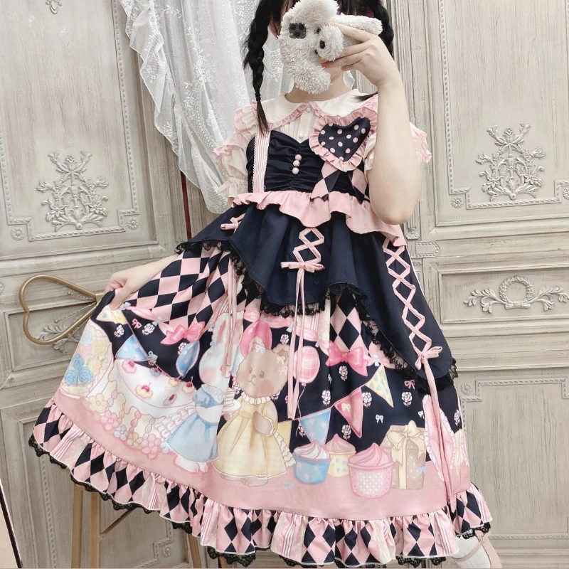 Victorian Gothic Lolita Jsk Dress Women Kawaii Cartoon Bunnry Plaid Print Birthday Party Dresses Girls Sweet Cute Princess Dress