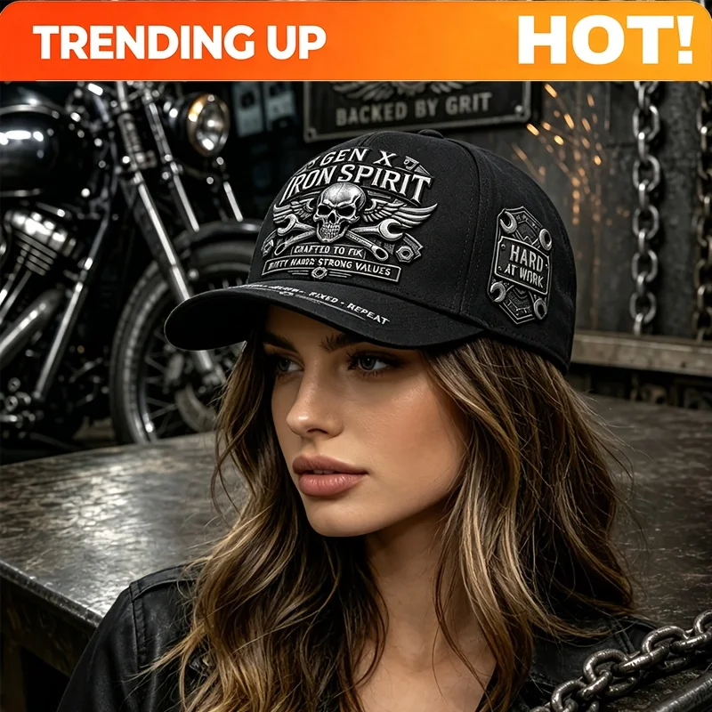 Customization Vintage Mechanical Skull Print Dad Hat, Gen X Iron Spirit Motorcycle Baseball Cap, Crossed Wrench Winged Skull Wor