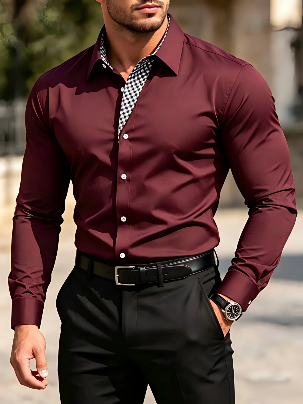 Men's checkered patchwork single breasted casual formal shirt, business casual men's shirt, men's luxury shirt