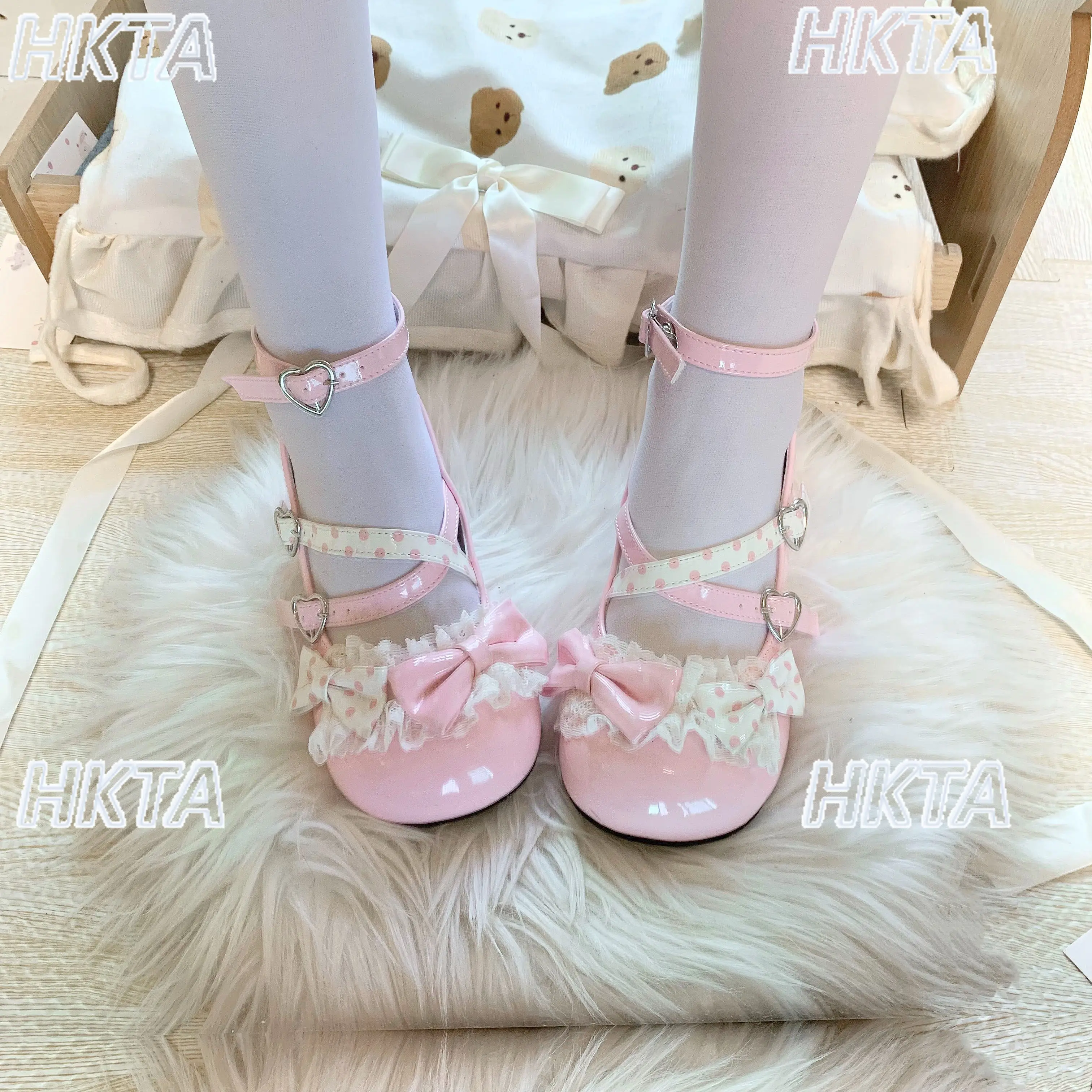 

Japanese New Sweet Lace Bow Polka Dot Alien Heel Cute Versatile Black Shoes Student Elegant Lolita Shoes Pu Mid Heel Pumps Women