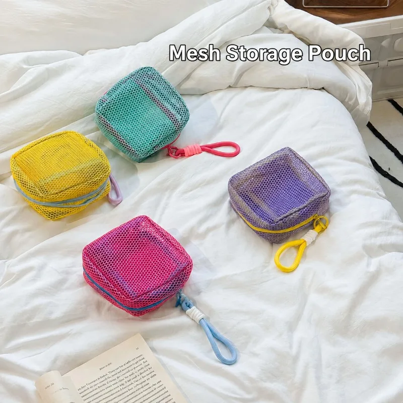 Dopamine‑style Mini Tofu‑shaped Mesh Cosmetic Pouch Portable Travel‑use Makeup‑storing Organizer for Touch‑up Toiletries