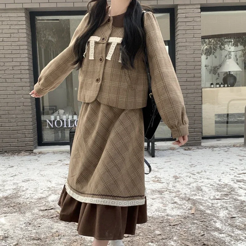 Retro Mori Girl Long Skirt Suits Kawaii Women Doll Collar Plaid Long-sleeved Coats with High Waist A-line Pleated Skirts Outfits