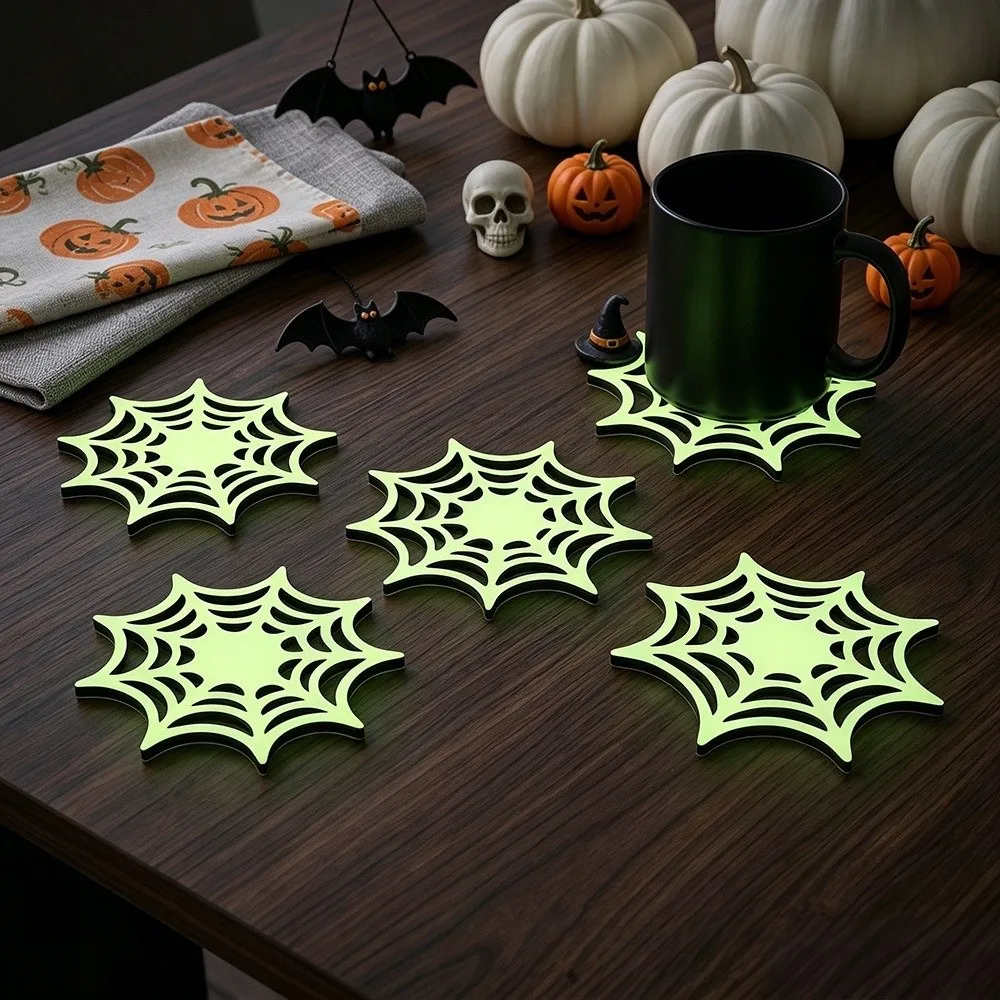 4/8PCS Anti-slip Glow-in-the-dark Coasters Spooky Luminous Wooden Pumpkin Coasters Dark Style Heatproof Table Protection Pads