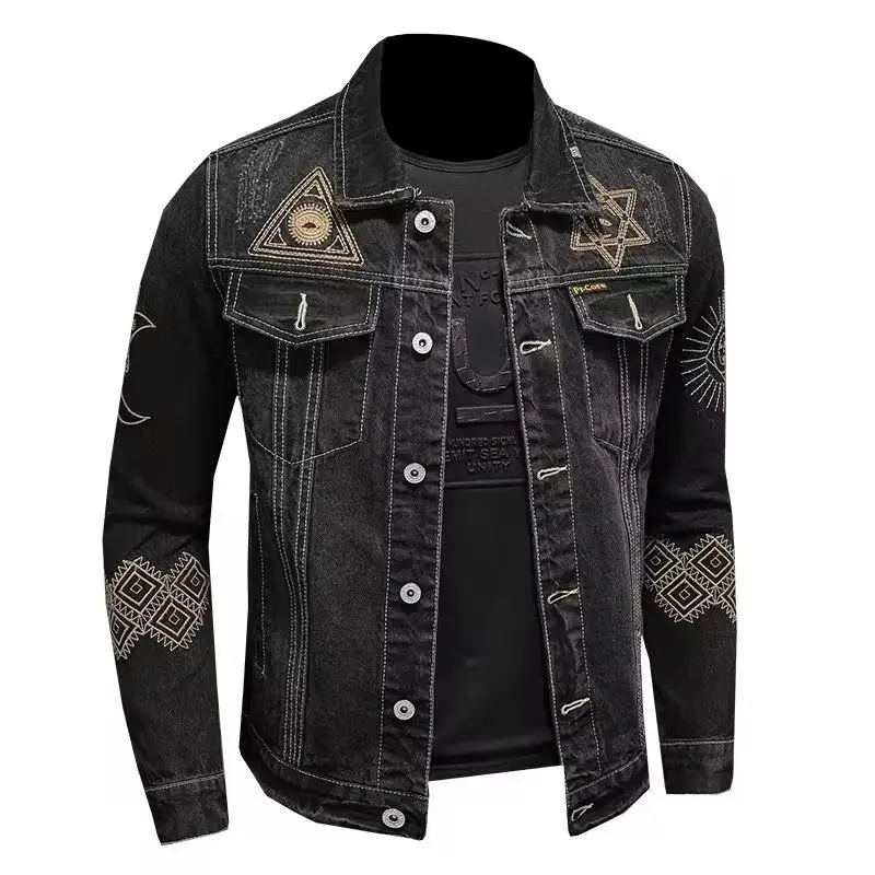 New Spring and Autumn Men\'s Denim Jacket Classic Retro Embroidered Lapel Motorcycle Jacket Trendy Fashion Loose Casual Denim Top