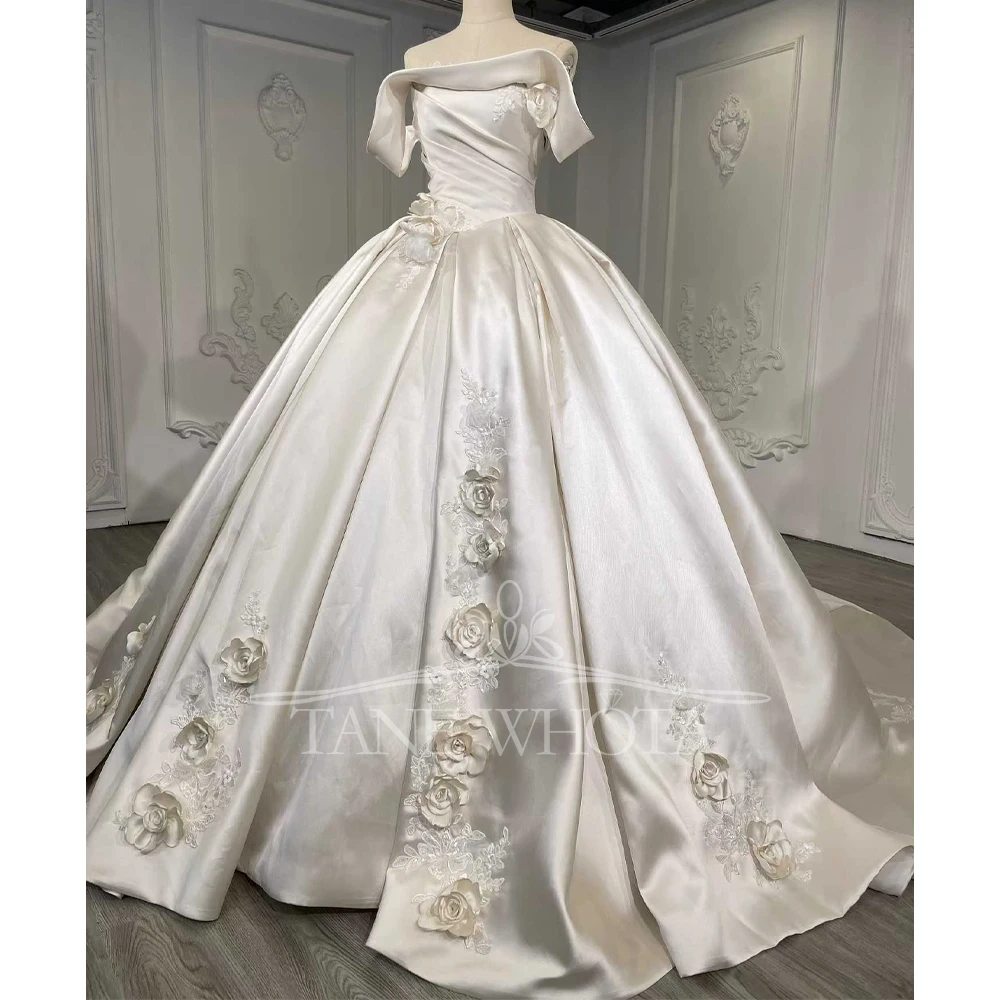 

Свадебное платье в стиле принцессы без бретелек с открытыми плечами и шнуровкой сзади, 3D цветочной вышивкой, рюшами, атласное длинное платье на 2025 год