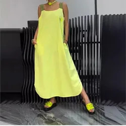 Summer Women's Casual Cotton Linen Yellow Pocket Striped Suspender Vestidos Fashionable Sleeveless Round Neck Loose Beach Dress