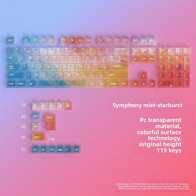 Original Mechanical Keyboard with 119-Key Mini Full Set, PC Transparent Keycaps & Rainbow Mist Starlight Effect
