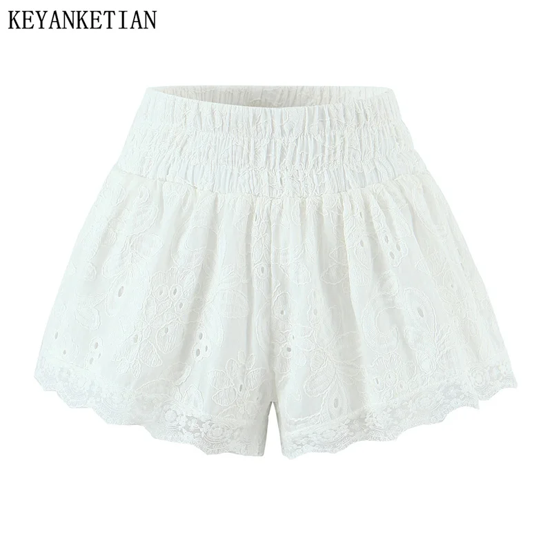 

KEYANKETIAN новые летние женские повседневные шорты с эластичной резинкой на талии, белые французские повседневные шорты с кружевной кромкой и вышивкой, женские брюки