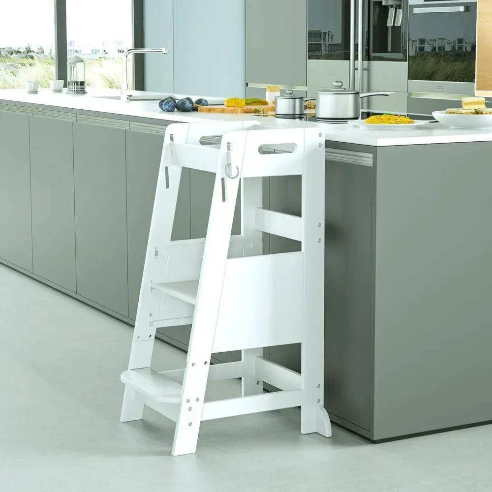 Bamboo Toddler Kitchen Step Stool White Helper Standing Tower Height Adjustable with Anti-Slip Protection for Kids Kitche image 6