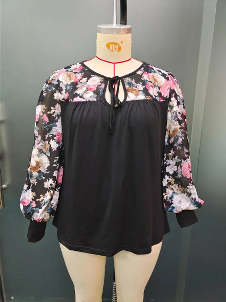 GIBSIE Plus Size Floral Print Tie Neck Loose Blouse Women 2024 New Autumn Black Long-sleeved Female Casual Tops And Blouses