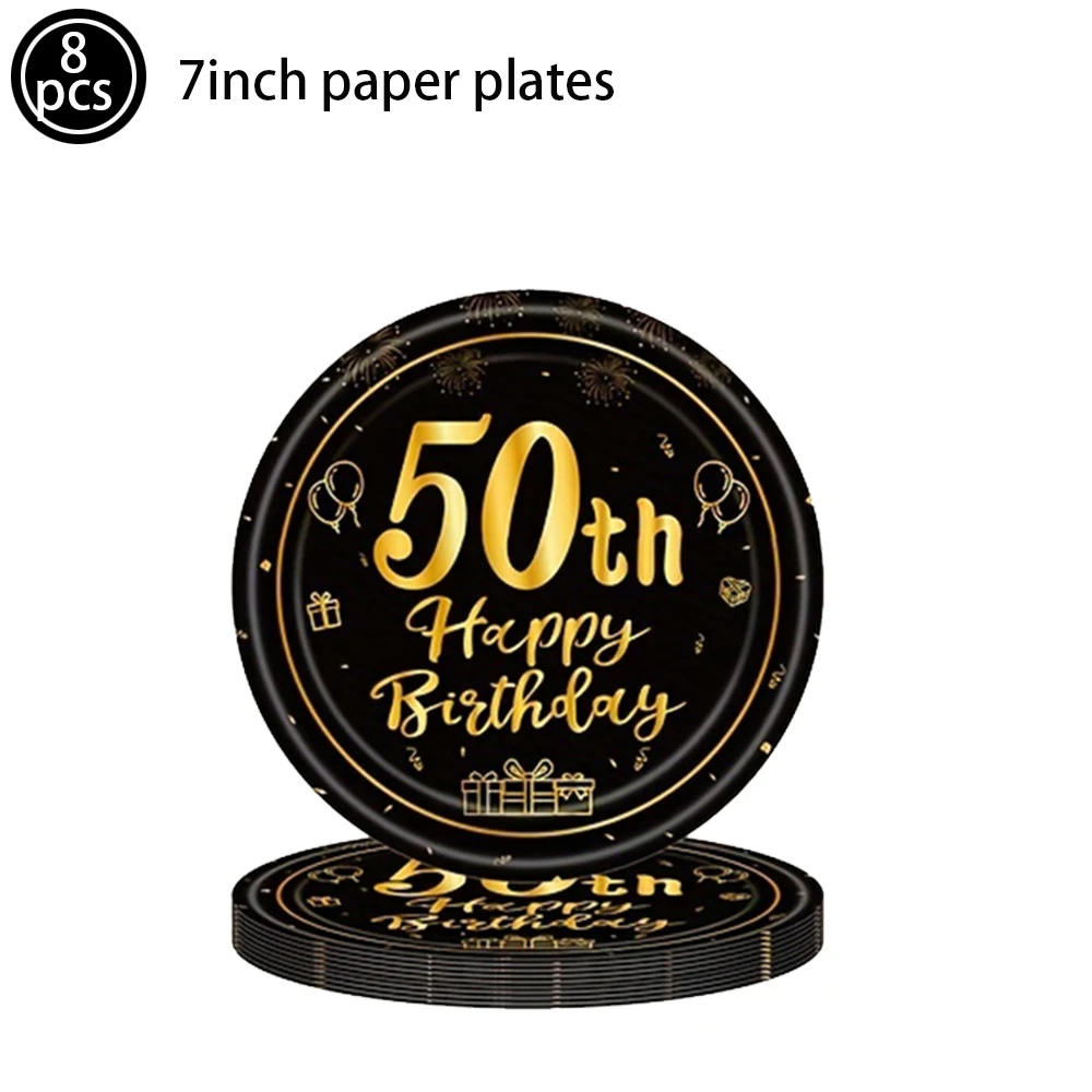 50th Birthday Party Supplies for Men Women Black and Gold 50 Years Old Party Paper Plates Cups Napkin Tablecloth Tableware Decor